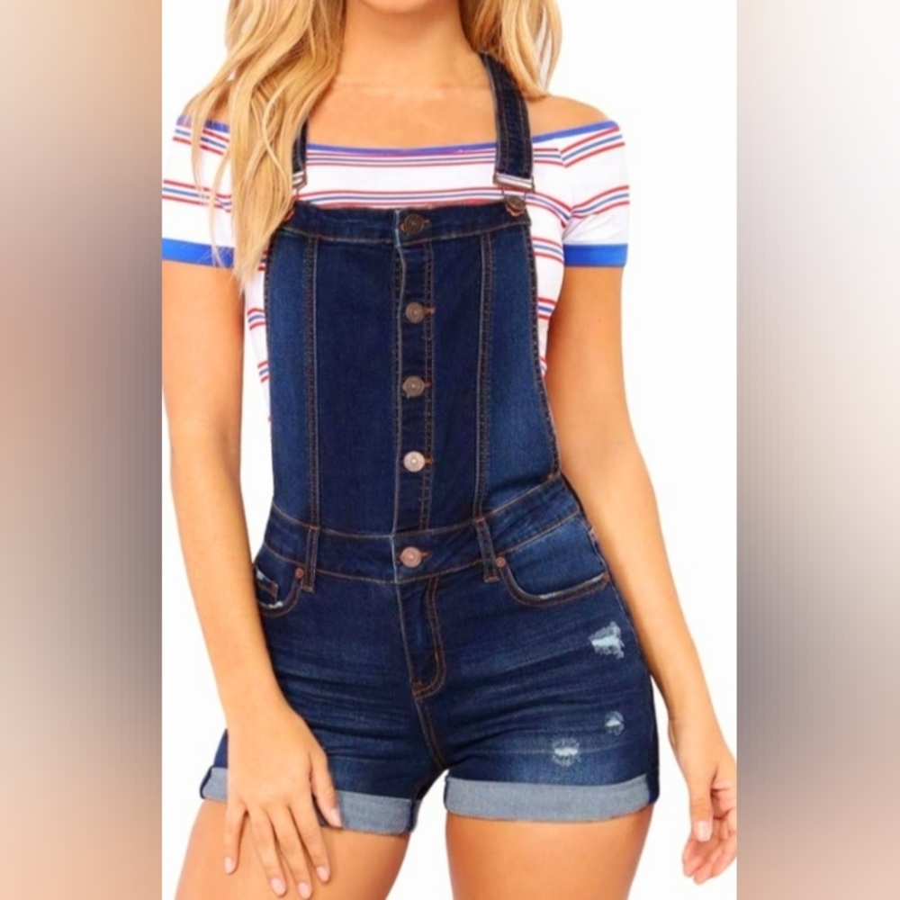 NOBO Distressed Dark Wash Denim Stretch Overall Romper Shorts 15-17